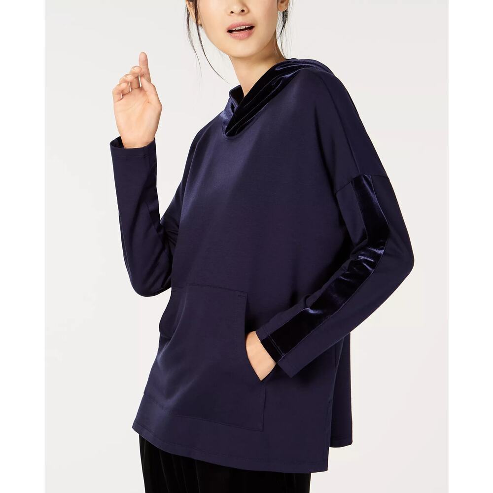 Eileen Fisher Velvet Trim Hoodie Midnight Blue Long Sleeve Size L